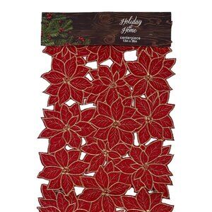 Elrene Poinsettia Cut Work Embroidery Red Gold Centerpiece Table Runner 13" x 36